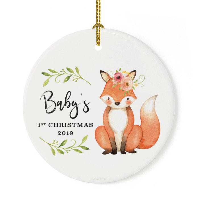 Custom Year Round Ceramic Christmas Tree Ornament, New Baby Girl, Woodland Fox Laurels Florals-Set of 1-Andaz Press-Baby's 1st Christmas-