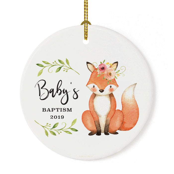 Custom Year Round Ceramic Christmas Tree Ornament, New Baby Girl, Woodland Fox Laurels Florals-Set of 1-Andaz Press-Baby's Baptism-