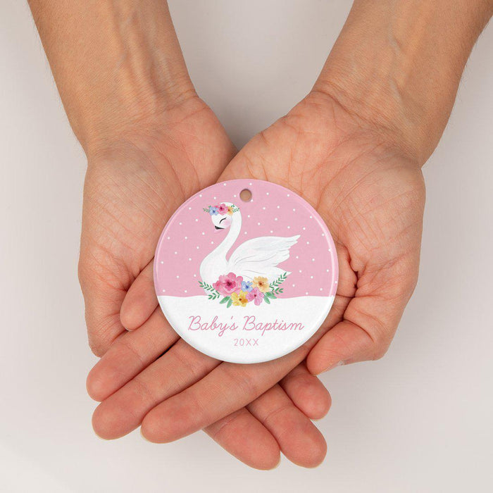 Custom Year Round Ceramic Porcelain Christmas Ornament New Girl Baby, Floral Flowers Swan Pink-Set of 1-Andaz Press-Baby's 1st Christmas-