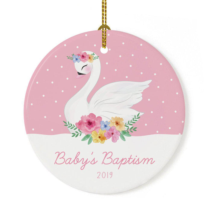 Custom Year Round Ceramic Porcelain Christmas Ornament New Girl Baby, Floral Flowers Swan Pink-Set of 1-Andaz Press-Baby's 1st Christmas-