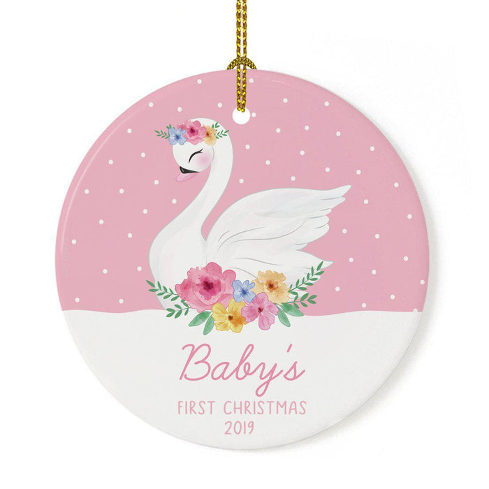 Custom Year Round Ceramic Porcelain Christmas Ornament New Girl Baby, Floral Flowers Swan Pink-Set of 1-Andaz Press-Baby's 1st Christmas-