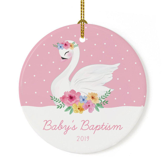 Custom Year Round Ceramic Porcelain Christmas Ornament New Girl Baby, Floral Flowers Swan Pink-Set of 1-Andaz Press-Baby's Baptism-