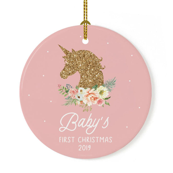 Custom Year Round Ceramic Porcelain Christmas Tree Ornament, Faux Gold Glitter Unicorn Flowers-Set of 1-Andaz Press-Baby's 1st Christmas-