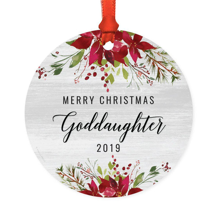 Custom Year Round Metal Christmas Ornament, Farmhouse Rustic Gray Wood Deep Red Poinsettia Flower-Set of 1-Andaz Press-Family Three-