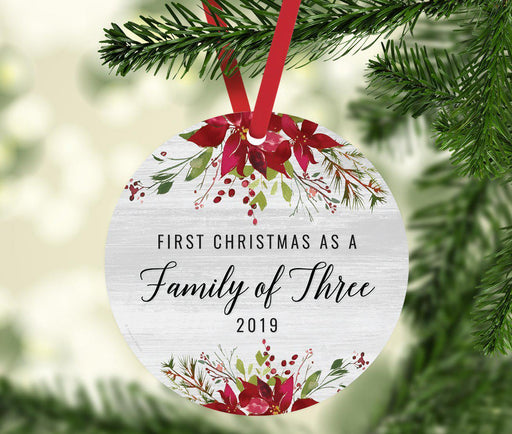 Custom Year Round Metal Christmas Ornament, Farmhouse Rustic Gray Wood Deep Red Poinsettia Flower-Set of 1-Andaz Press-Family Three-