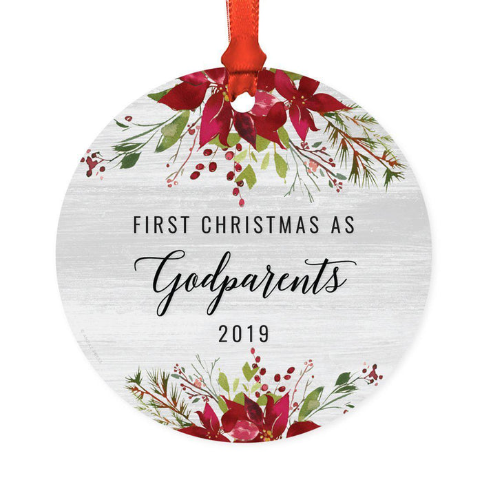 Custom Year Round Metal Christmas Ornament, Farmhouse Rustic Gray Wood Deep Red Poinsettia Flower-Set of 1-Andaz Press-Godparents-