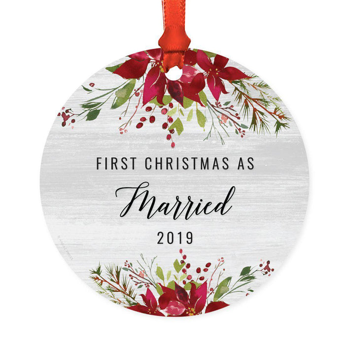 Custom Year Round Metal Christmas Ornament, Farmhouse Rustic Gray Wood Deep Red Poinsettia Flower-Set of 1-Andaz Press-Married-