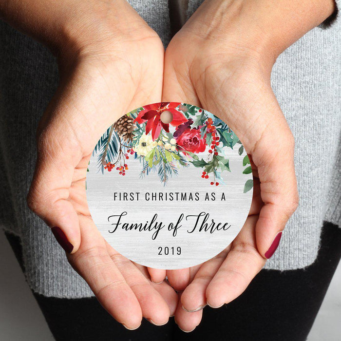Custom Year Round Metal Christmas Ornament, Farmhouse Rustic Gray Wood Red Poinsettia Flower Acorns-Set of 1-Andaz Press-Family Three-