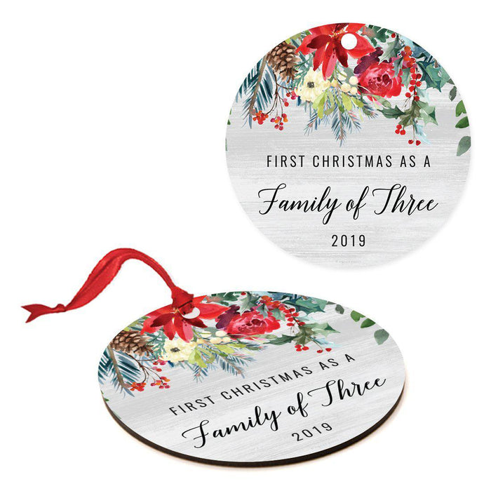 Custom Year Round Metal Christmas Ornament, Farmhouse Rustic Gray Wood Red Poinsettia Flower Acorns-Set of 1-Andaz Press-Family Three-