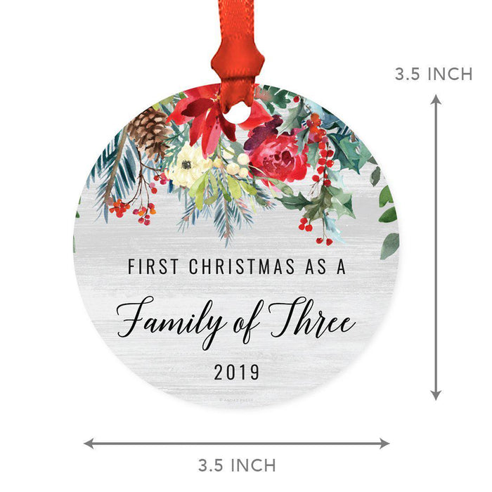 Custom Year Round Metal Christmas Ornament, Farmhouse Rustic Gray Wood Red Poinsettia Flower Acorns-Set of 1-Andaz Press-Family Three-