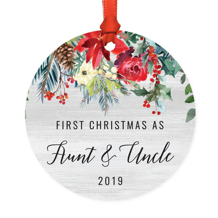 Custom Year Round Metal Christmas Ornament, Farmhouse Rustic Gray Wood Red Poinsettia Flower Acorns-Set of 1-Andaz Press-Aunt and Uncle-