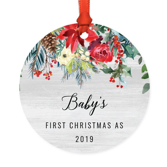 Custom Year Round Metal Christmas Ornament, Farmhouse Rustic Gray Wood Red Poinsettia Flower Acorns-Set of 1-Andaz Press-Baby's First Christmas-