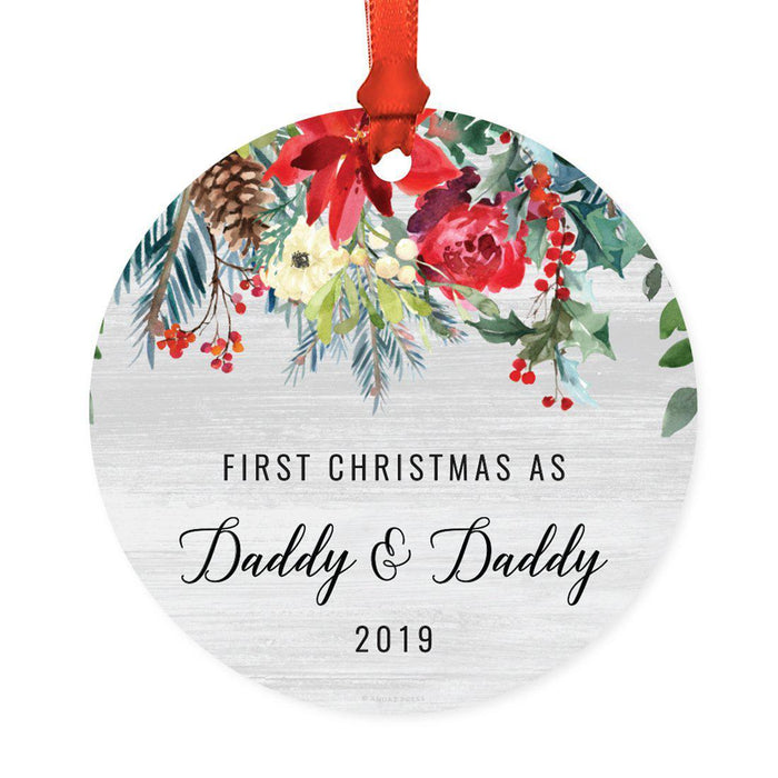 Custom Year Round Metal Christmas Ornament, Farmhouse Rustic Gray Wood Red Poinsettia Flower Acorns-Set of 1-Andaz Press-Daddy & Daddy-
