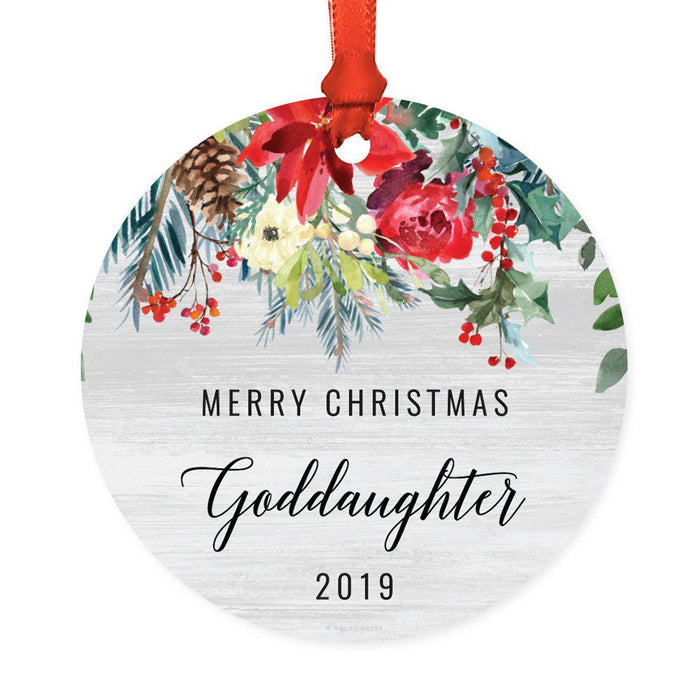 Custom Year Round Metal Christmas Ornament, Farmhouse Rustic Gray Wood Red Poinsettia Flower Acorns-Set of 1-Andaz Press-Goddaughter-