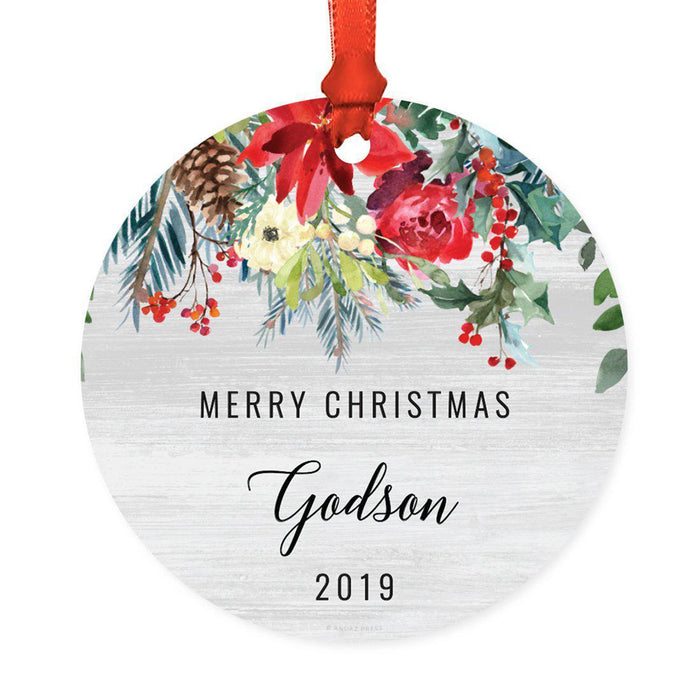 Custom Year Round Metal Christmas Ornament, Farmhouse Rustic Gray Wood Red Poinsettia Flower Acorns-Set of 1-Andaz Press-Godson-