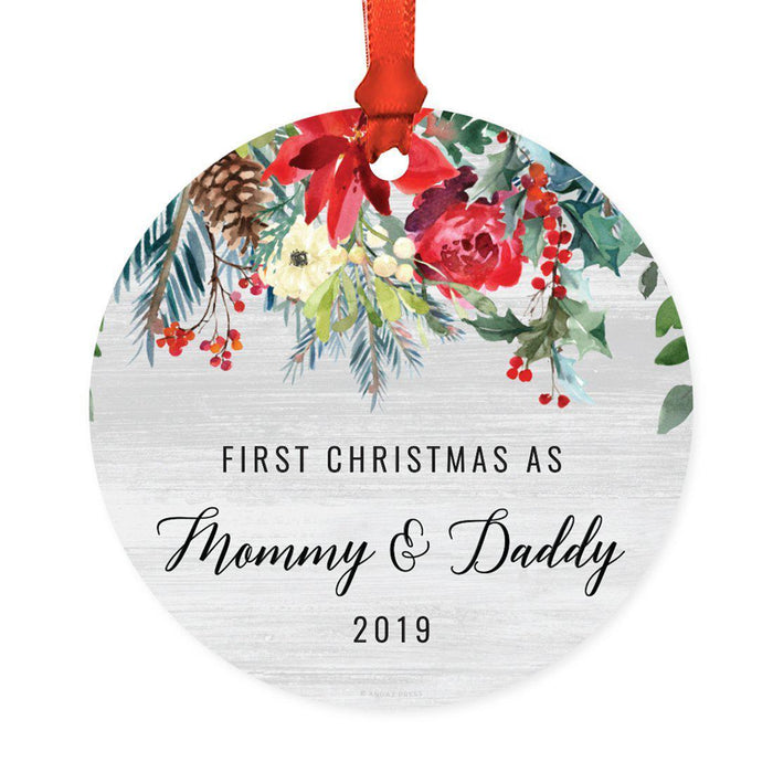 Custom Year Round Metal Christmas Ornament, Farmhouse Rustic Gray Wood Red Poinsettia Flower Acorns-Set of 1-Andaz Press-Mom and Dad-