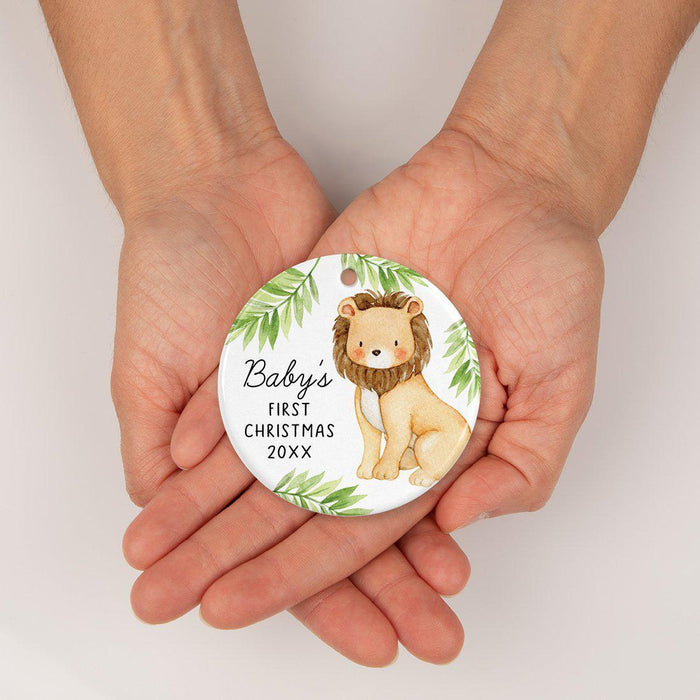 Custom Year Round Porcelain Baby's Christmas Tree Ornament Gift, Watercolor Lion-Set of 1-Andaz Press-Baby's First Christmas-