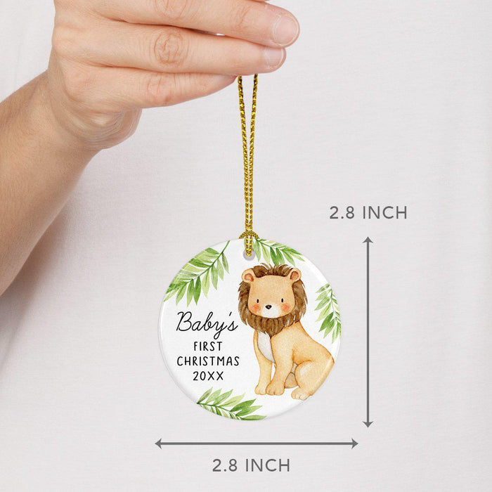 Custom Year Round Porcelain Baby's Christmas Tree Ornament Gift, Watercolor Lion-Set of 1-Andaz Press-Baby's First Christmas-