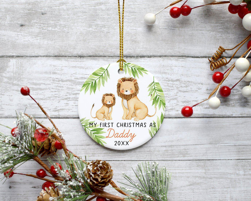 Custom Year Round Porcelain Baby's Christmas Tree Ornament Gift, Watercolor Lion-Set of 1-Andaz Press-Baby's First Christmas-