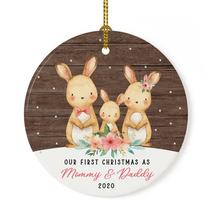 Custom Year Round Porcelain Girl Baby's Christmas Tree Ornament Gift, Watercolor Bunny Rabbit-Set of 1-Andaz Press-Baby's First Christmas-