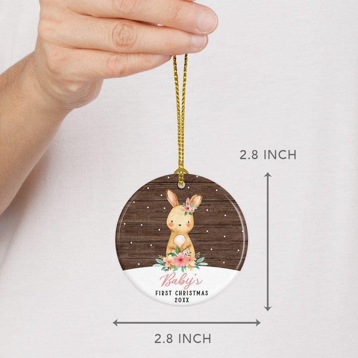 Custom Year Round Porcelain Girl Baby's Christmas Tree Ornament Gift, Watercolor Bunny Rabbit-Set of 1-Andaz Press-Baby's First Christmas-