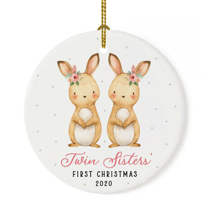 Custom Year Round Porcelain Girl Baby's Christmas Tree Ornament Gift, Watercolor Bunny Rabbit-Set of 1-Andaz Press-Baby's First Christmas-