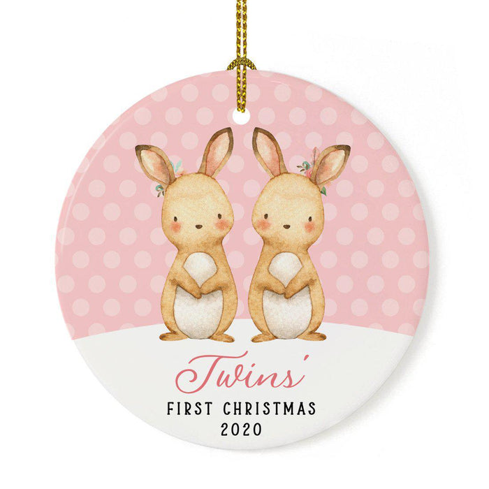 Custom Year Round Porcelain Girl Baby's Christmas Tree Ornament Gift, Watercolor Bunny Rabbit-Set of 1-Andaz Press-Baby's First Christmas-