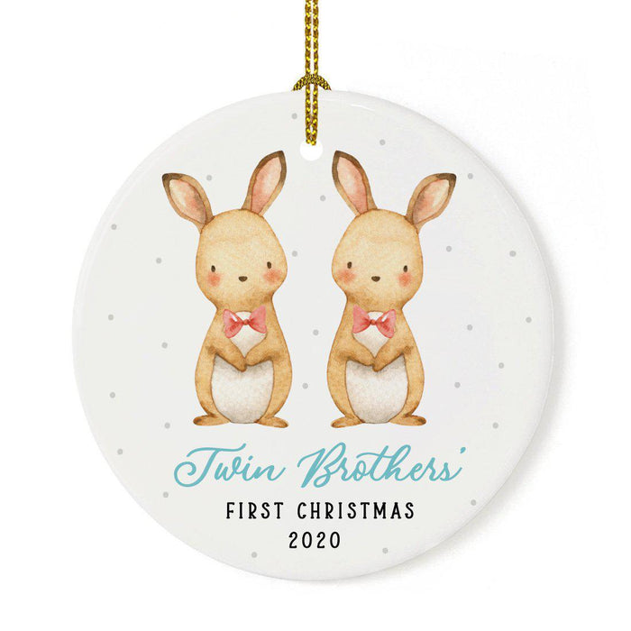 Custom Year Round Porcelain Girl Baby's Christmas Tree Ornament Gift, Watercolor Bunny Rabbit-Set of 1-Andaz Press-Twin Brothers' First Christmas-
