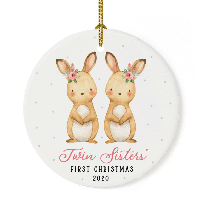 Custom Year Round Porcelain Girl Baby's Christmas Tree Ornament Gift, Watercolor Bunny Rabbit-Set of 1-Andaz Press-Twin Sisters' First Christmas-