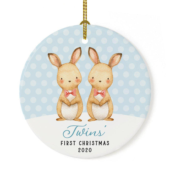 Custom Year Round Porcelain Girl Baby's Christmas Tree Ornament Gift, Watercolor Bunny Rabbit-Set of 1-Andaz Press-Twins' First Christmas Rabbit Blue-