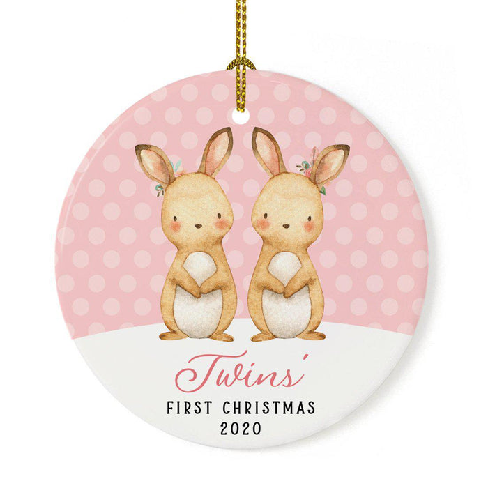 Custom Year Round Porcelain Girl Baby's Christmas Tree Ornament Gift, Watercolor Bunny Rabbit-Set of 1-Andaz Press-Twins' First Christmas Rabbit Pink-
