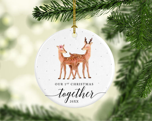 Custom Year Wedding Anniversary Round Ceramic Porcelain Christmas Ornament, Woodland Deer Design 1-Set of 1-Andaz Press-1st-