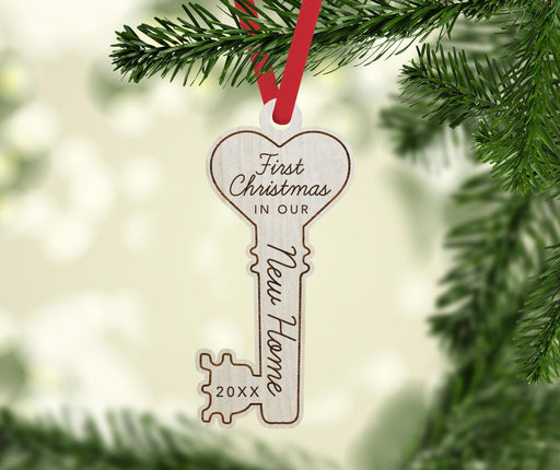 Custom Year in Our New Home Engraved Real Natural Wood Christmas Ornament-Set of 1-Andaz Press-Our New Home Key Shape-