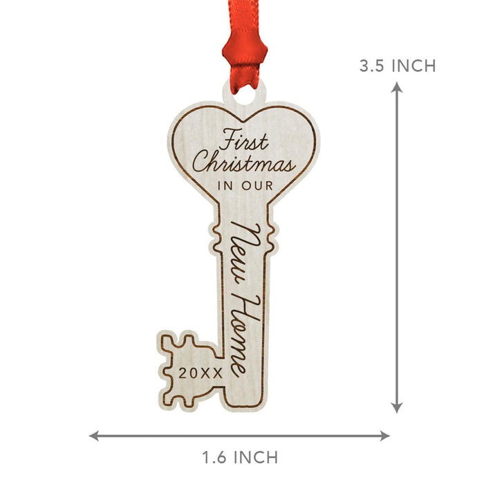 Custom Year in Our New Home Engraved Real Natural Wood Christmas Ornament-Set of 1-Andaz Press-Our New Home Key Shape-