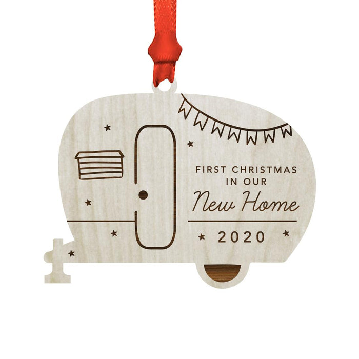 Custom Year in Our New Home Engraved Real Natural Wood Christmas Ornament-Set of 1-Andaz Press-Our New Home Camper Trailer-