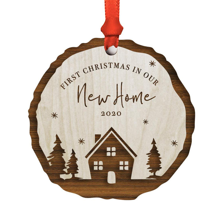 Custom Year in Our New Home Engraved Real Natural Wood Christmas Ornament-Set of 1-Andaz Press-Our New Home Wood Slab-