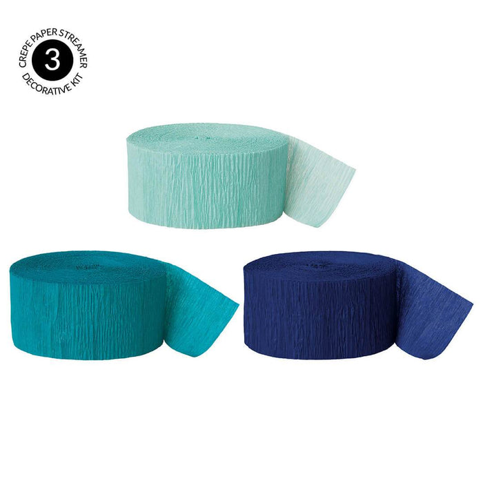 Diamond Blue Mint, Aqua Teal, Navy Blue Crepe Paper Streamer Hanging Decorative Kit-Set of 3-Andaz Press-