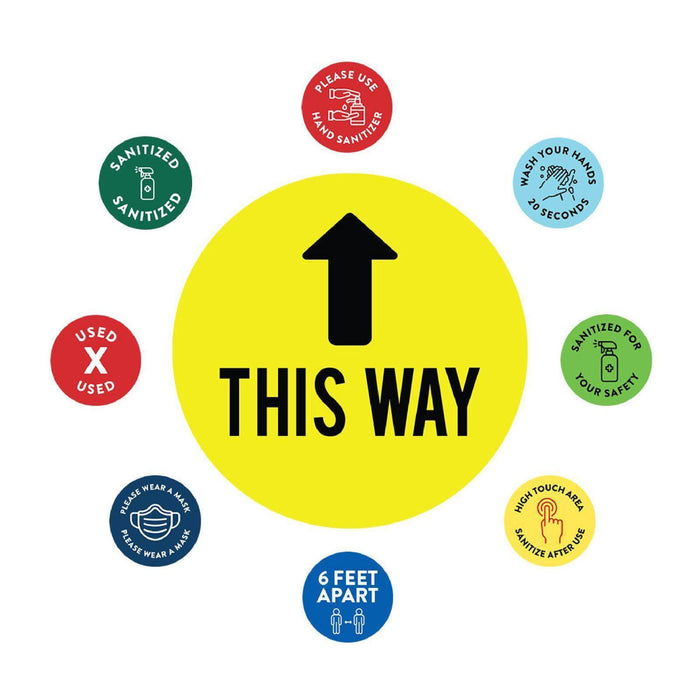Directional Arrows Floor Round Covid Business Sign Vinyl Sticker Decals-Set of 50-Andaz Press-Arrow This Way Yellow-