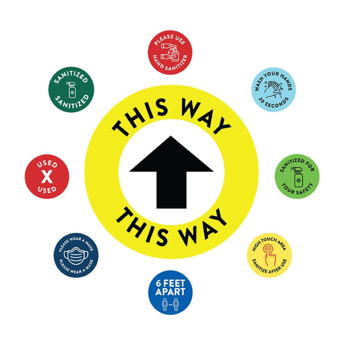 Directional Arrows Floor Round Covid Business Sign Vinyl Sticker Decals-Set of 50-Andaz Press-Arrow This Way Yellow White-