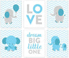 Elephant Theme Boys Nursery Hanging Wall Art, Gray Baby Blue Elephant, Love, Dream Big Little One-Set of 6-Andaz Press-