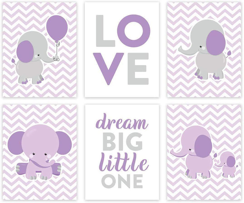 Elephant Theme Girls Nursery Hanging Wall Art, Gray Lavender Elephant, Love, Dream Big Little One-Set of 6-Andaz Press-