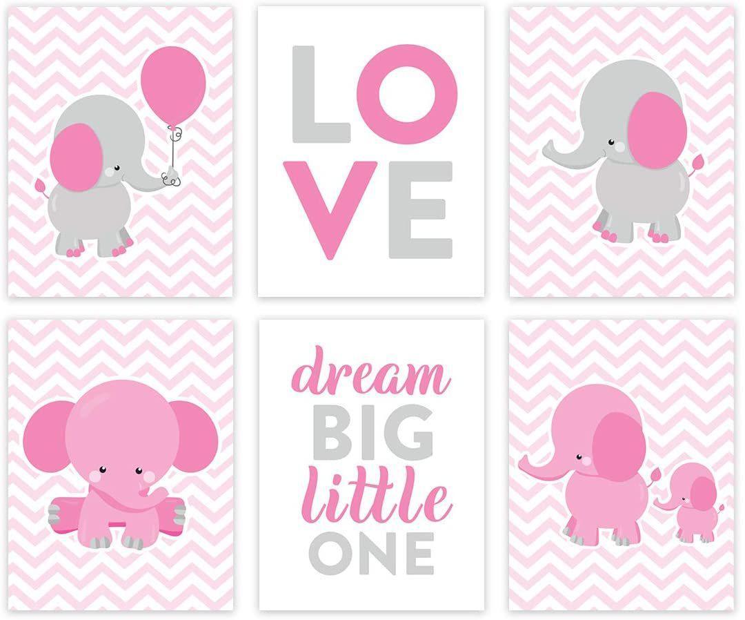 Elephant Theme Girls Nursery Hanging Wall Art, Gray Pink Elephant, Love, Dream Big Little One-Set of 6-Andaz Press-