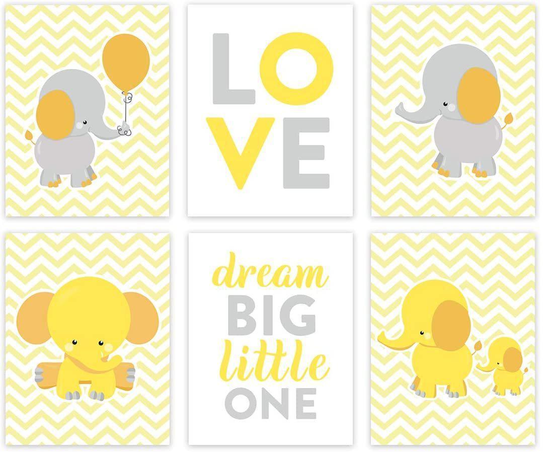 Elephant Theme Girls Nursery Hanging Wall Art, Gray Yellow Elephant, L