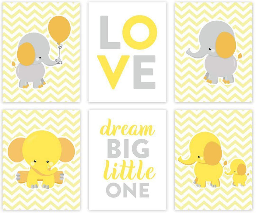 Elephant Theme Girls Nursery Hanging Wall Art, Gray Yellow Elephant, Love, Dream Big Little One-Set of 6-Andaz Press-