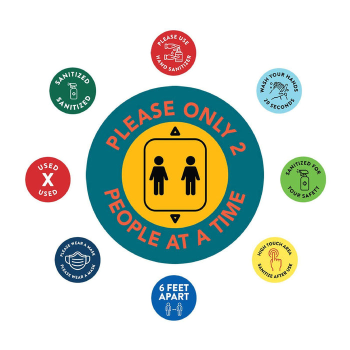 Elevator Round Maximum Occupancy Social Distancing Business Labels, Vinyl Sticker Decals-Set of 50-Andaz Press-Please Only 2 People-