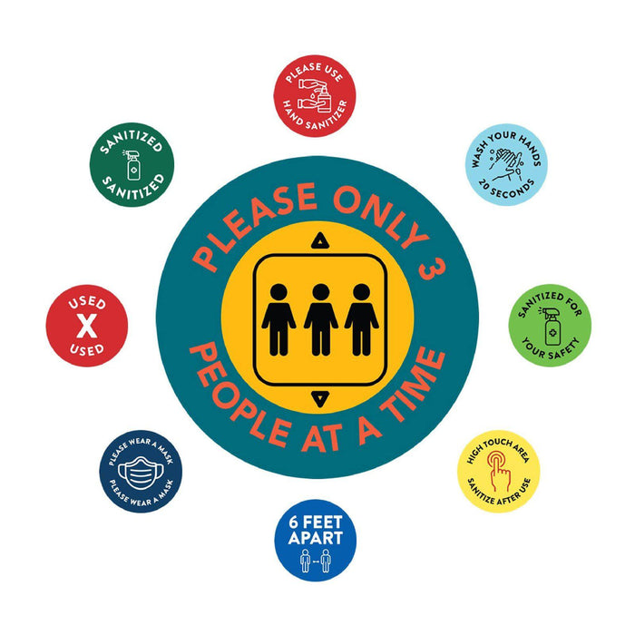Elevator Round Maximum Occupancy Social Distancing Business Labels, Vinyl Sticker Decals-Set of 50-Andaz Press-Please Only 3 People-