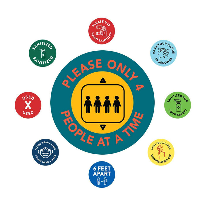 Elevator Round Maximum Occupancy Social Distancing Business Labels, Vinyl Sticker Decals-Set of 50-Andaz Press-Please Only 4 People-