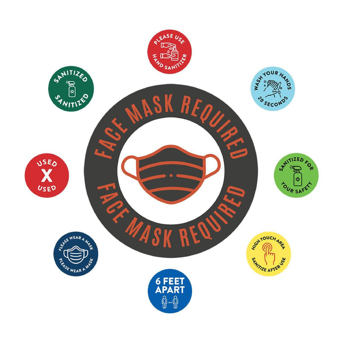 Face Mask Required For Entry, Social Distancing Business Signs, Round Circle Vinyl Sticker Decals-Set of 50-Andaz Press-Face Masks Must Upon Entering-