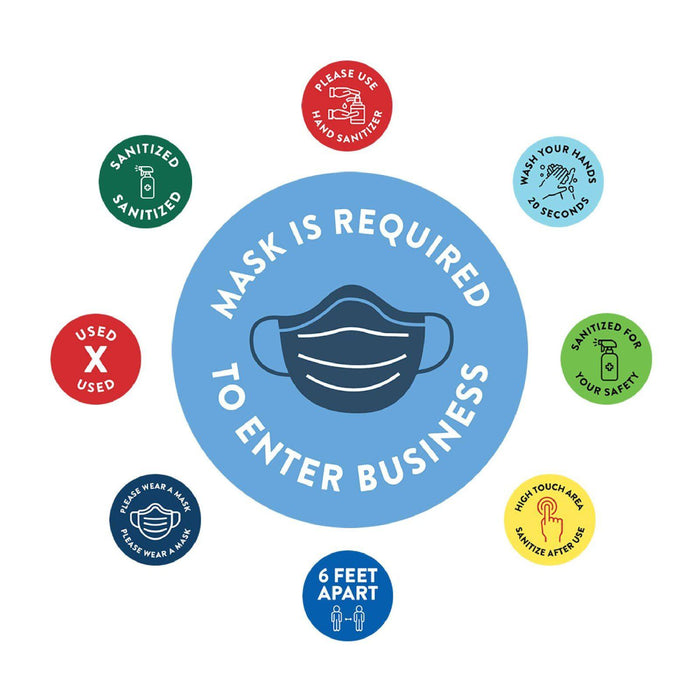 Face Mask Required For Entry, Social Distancing Business Signs, Round Circle Vinyl Sticker Decals-Set of 50-Andaz Press-Face Masks Must Upon Entering-