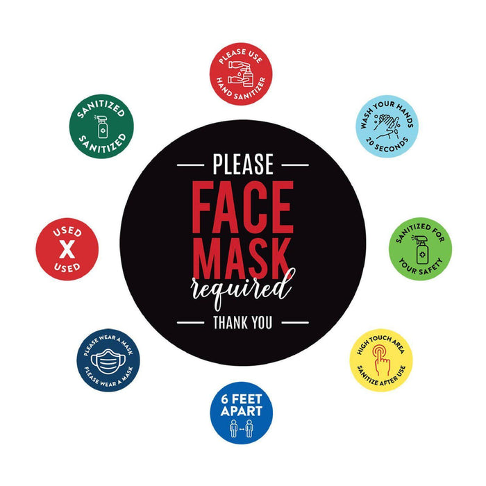 Face Mask Required For Entry, Social Distancing Business Signs, Round Circle Vinyl Sticker Decals-Set of 50-Andaz Press-Face Masks Must Upon Entering-